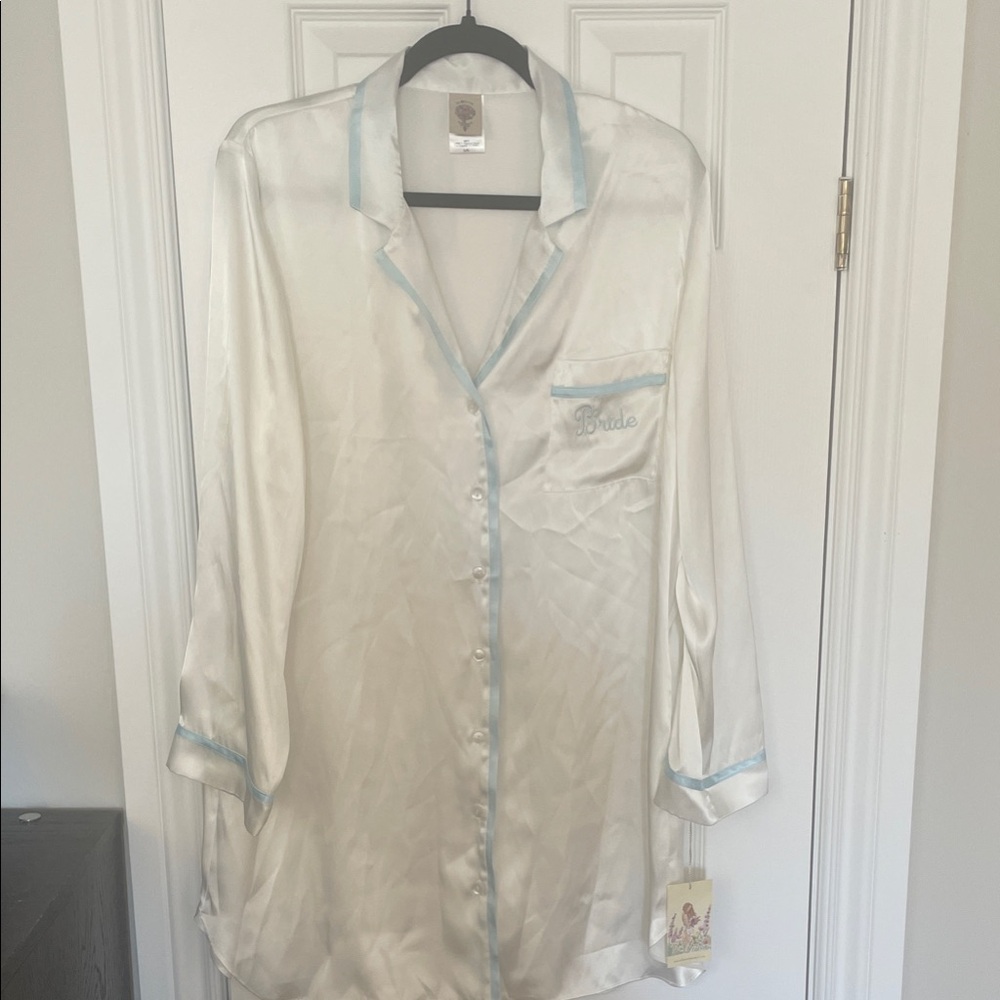 In Bloom White Satin BRIDE robe with baby blue trim.